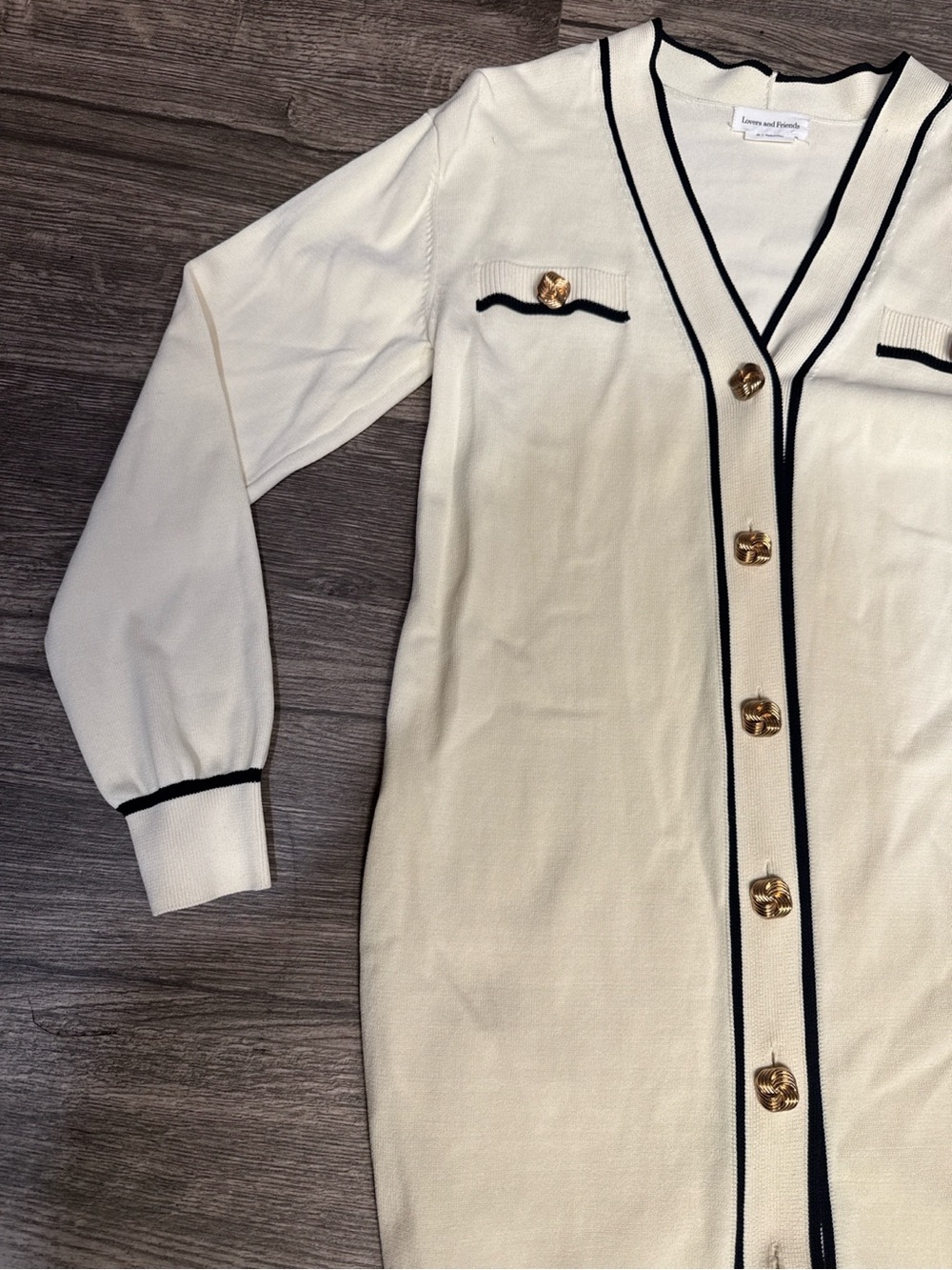 Lovers + Friends XS Cream Black Trim Gold Button Cardigan Sweater Dress - Picture 4 of 9
